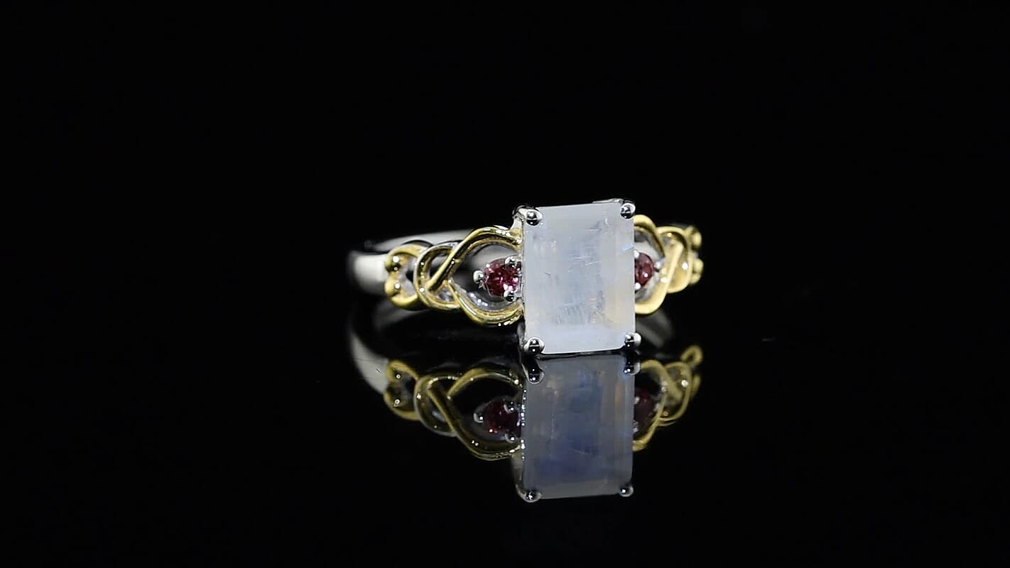 D''Joy Rainbow Moonstone, Orissa Rose Garnet Ring in 18K Vermeil YG and Rhodium Over Sterling Silver (Size 9.0) 2.00 ctw