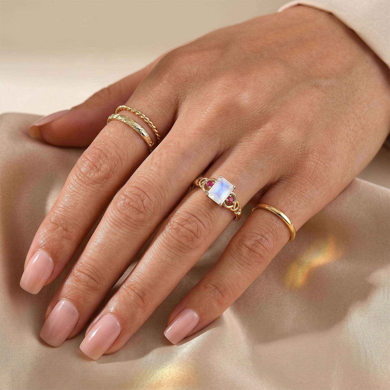 D'Joy Rainbow Moonstone and Orissa Rose Garnet 2.00 ctw Ring in 18K Vermeil Yellow Gold and Rhodium Over Sterling Silver (Size 6.0)