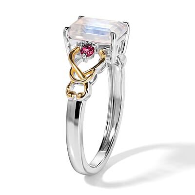 D'Joy Rainbow Moonstone and Orissa Rose Garnet 2.00 ctw Ring in 18K Vermeil Yellow Gold and Rhodium Over Sterling Silver (Size 6.0)