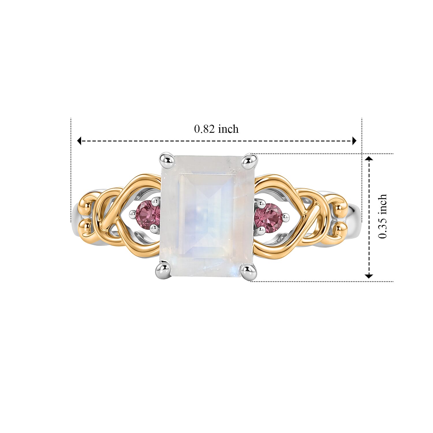 D'Joy Rainbow Moonstone and Orissa Rose Garnet 2.00 ctw Ring in 18K Vermeil Yellow Gold and Rhodium Over Sterling Silver (Size 6.0)