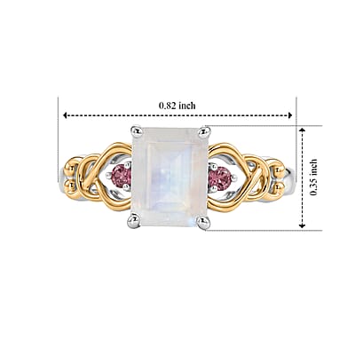 D'Joy Rainbow Moonstone and Orissa Rose Garnet 2.00 ctw Ring in 18K Vermeil Yellow Gold and Rhodium Over Sterling Silver (Size 6.0)