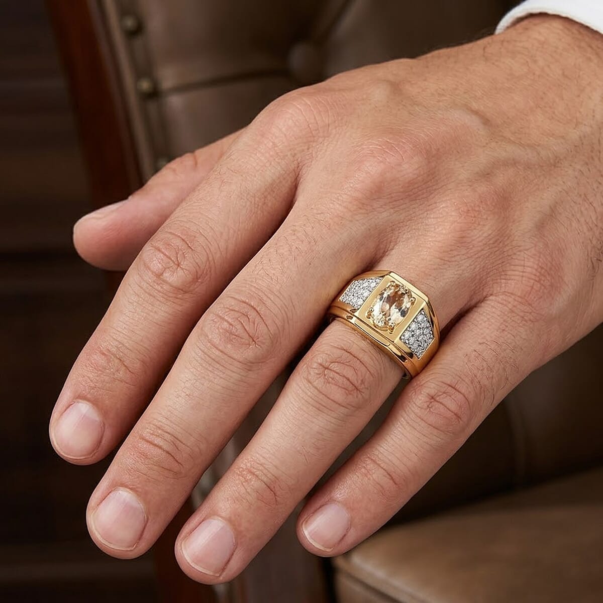 D'Joy AAA Turkizite and Moissanite 1.20 ctw Men's Ring in 18K Vermeil Yellow Gold Over Sterling Silver image number 2