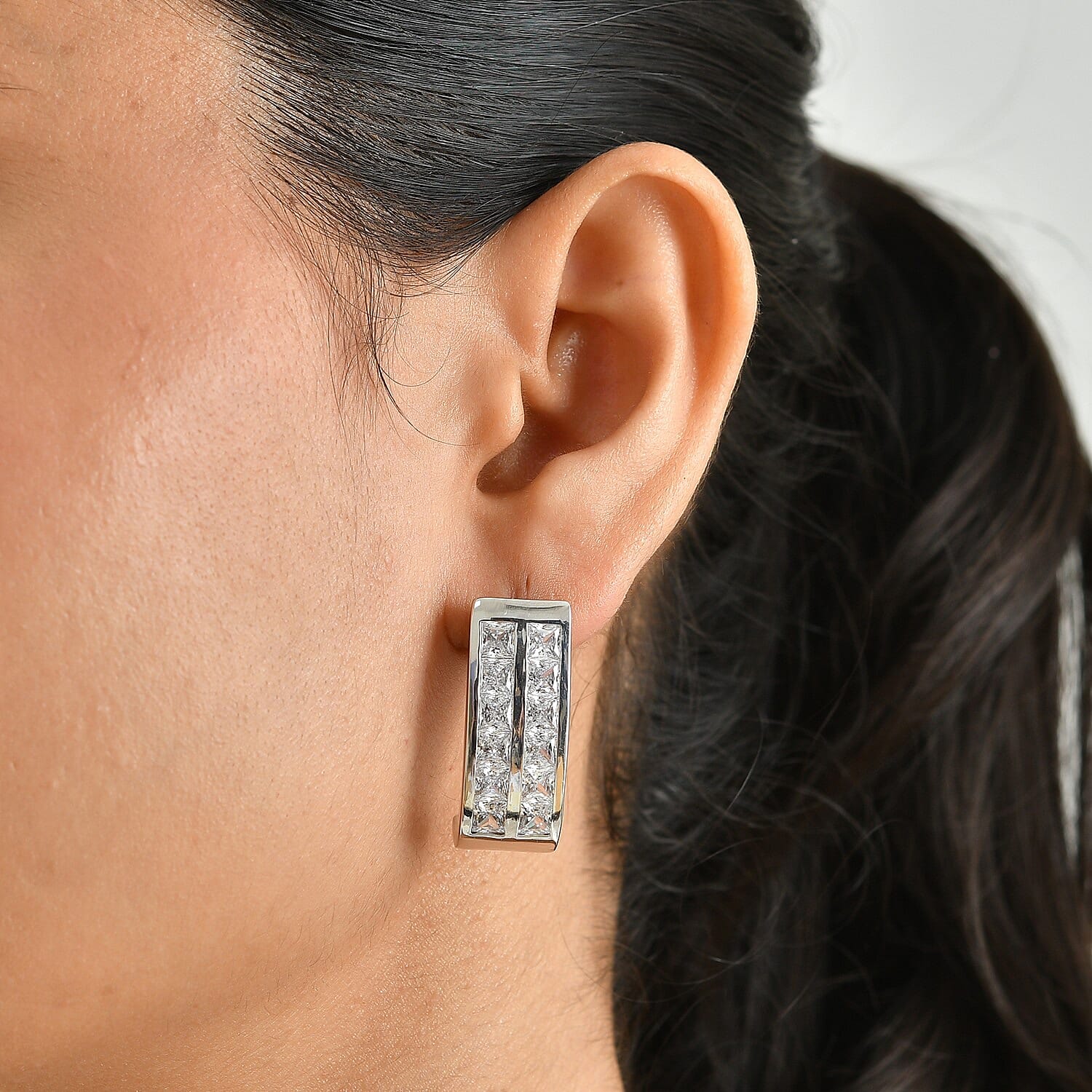 EverTrue Simulated Diamond J Hoop Earrings in Platinum Bond
