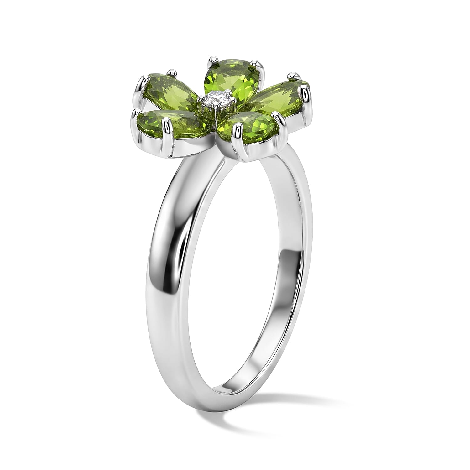 EverTrue Hebei Peridot and White Zircon 2.20 ctw Floral Ring in 18K YG Plated and Platinum Bond (Size 6.0)