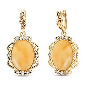 Baltic Butterscotch Amber, Simulated Diamond 1.60 ctw Earrings in 14K YG Over Sterling Silver
