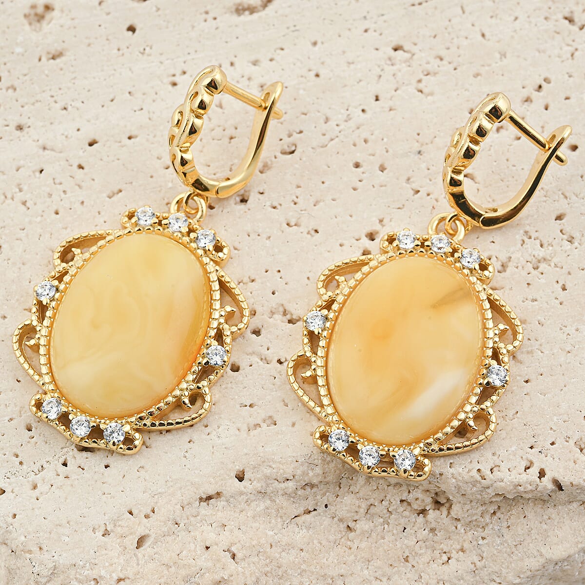 Baltic Butterscotch Amber, Simulated Diamond 1.60 ctw Earrings in 14K YG Over Sterling Silver image number 1