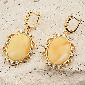 Baltic Butterscotch Amber, Simulated Diamond 1.60 ctw Earrings in 14K YG Over Sterling Silver