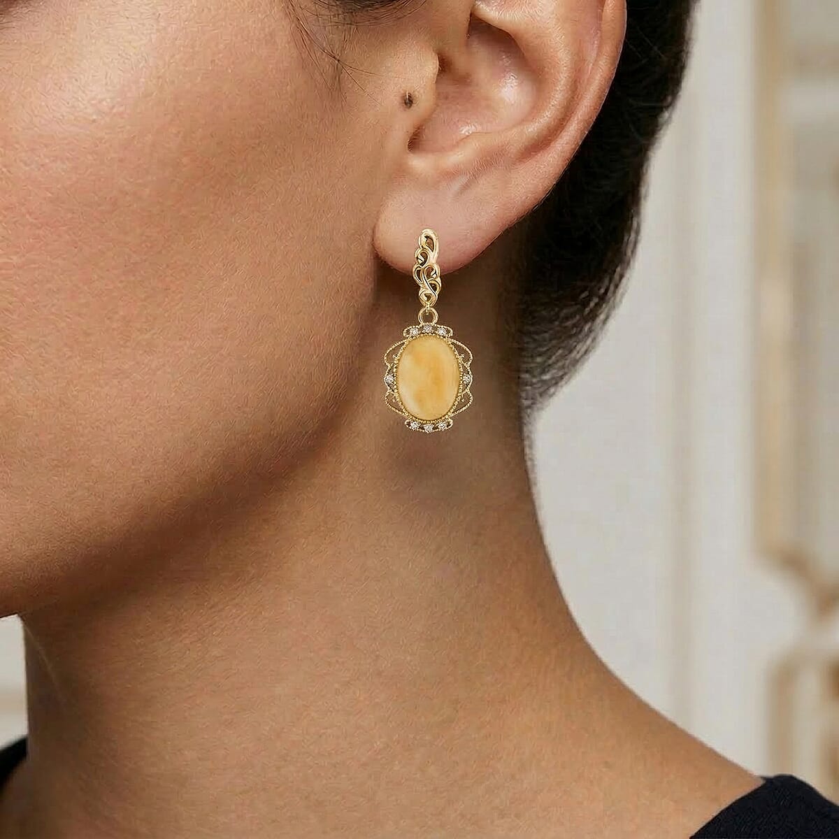 Baltic Butterscotch Amber, Simulated Diamond 1.60 ctw Earrings in 14K YG Over Sterling Silver image number 2