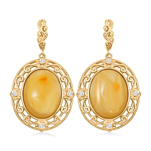 Baltic Butterscotch Amber, Simulated Diamond 0.80 ctw Earrings in 14K YG Over Sterling Silver
