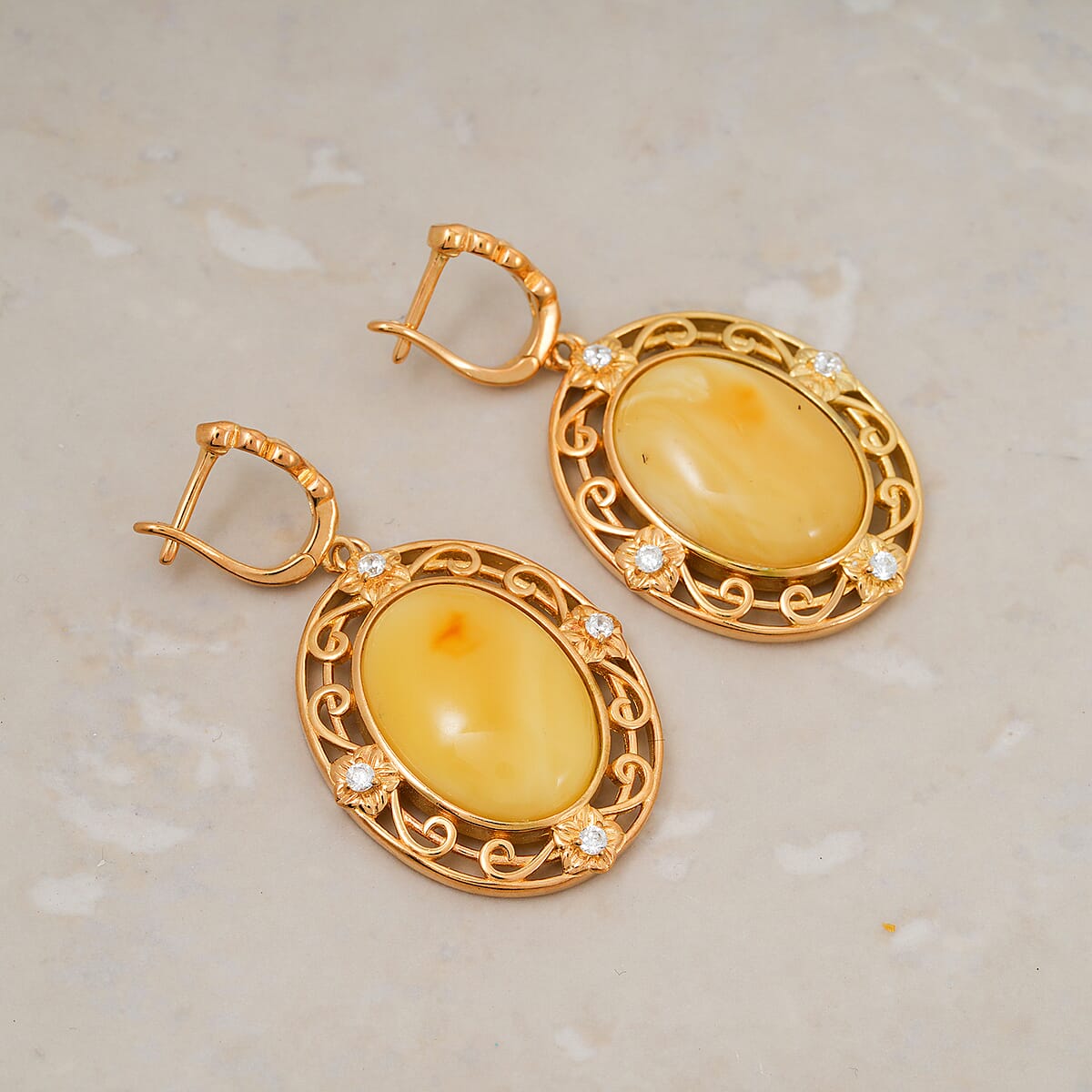 Baltic Butterscotch Amber, Simulated Diamond 0.80 ctw Earrings in 14K YG Over Sterling Silver image number 1