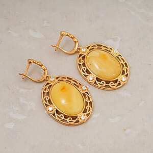 Baltic Butterscotch Amber, Simulated Diamond 0.80 ctw Earrings in 14K YG Over Sterling Silver