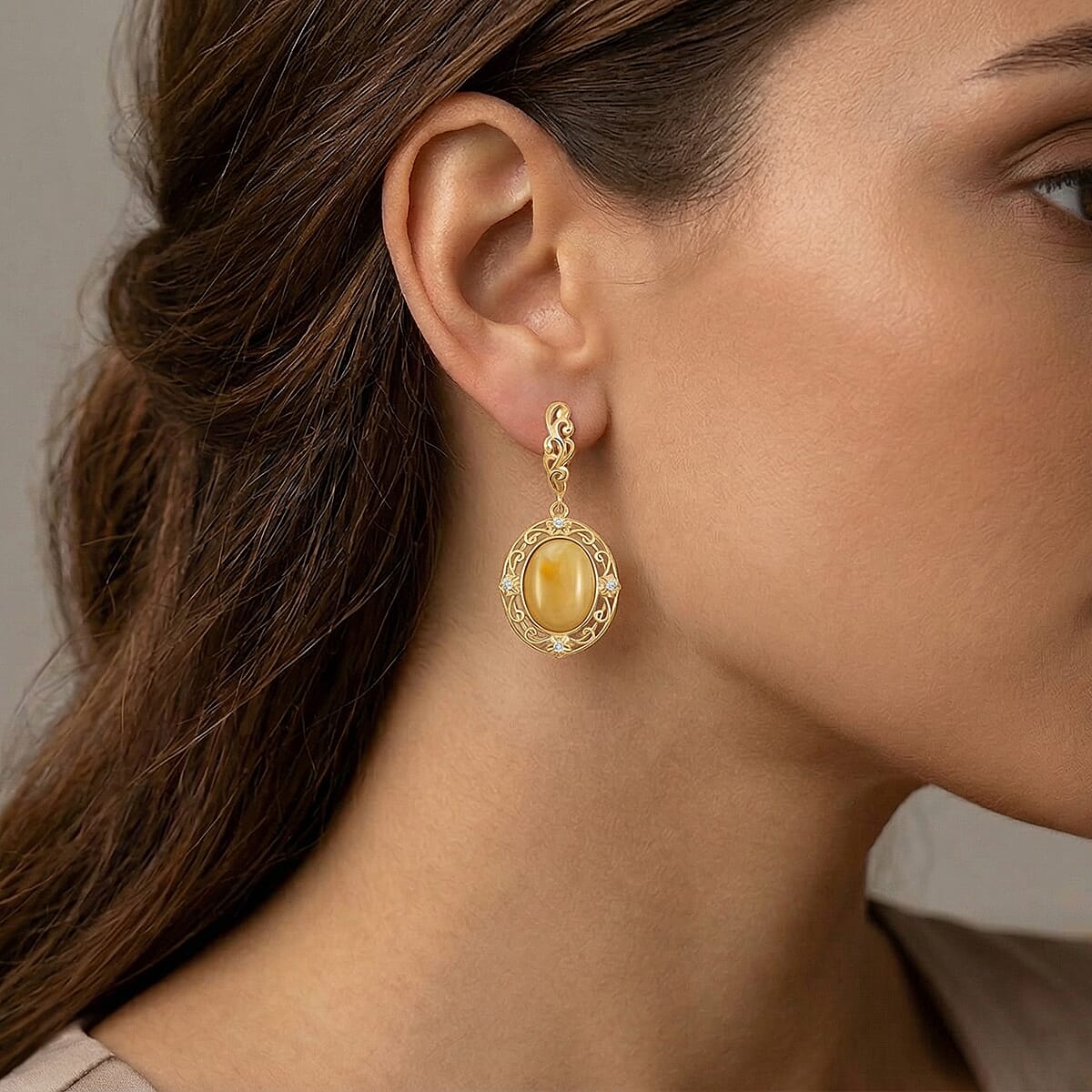 Baltic Butterscotch Amber, Simulated Diamond 0.80 ctw Earrings in 14K YG Over Sterling Silver image number 2