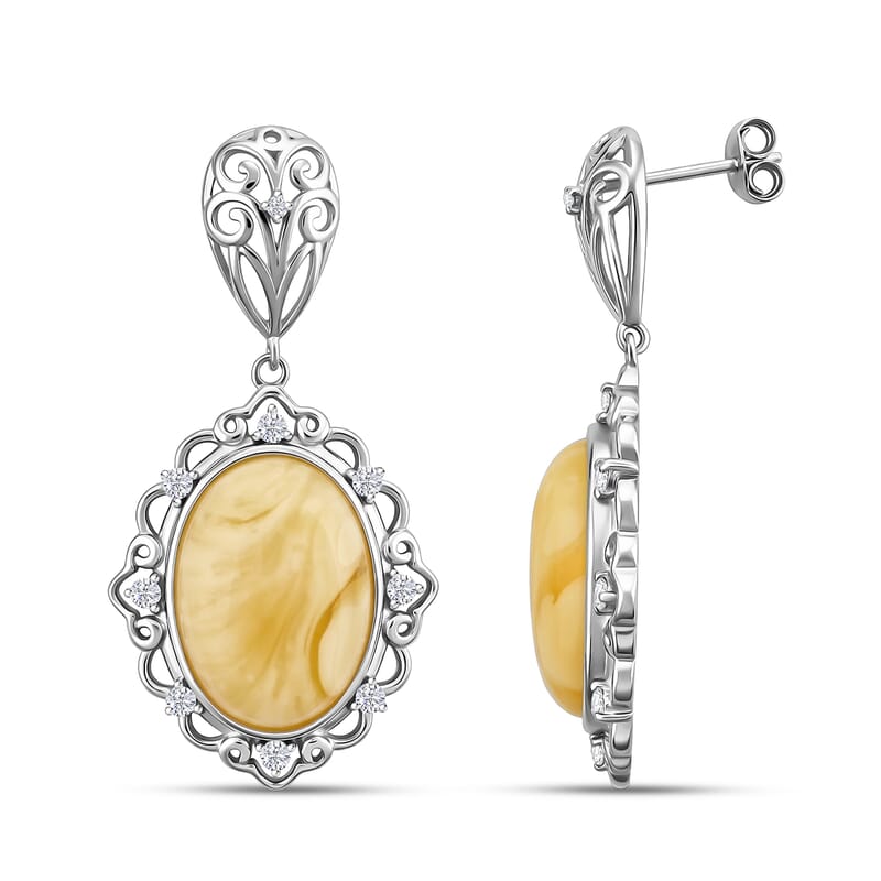 Butterscotch Amber and Simulated Diamond Drop Earrings in Sterling Silver