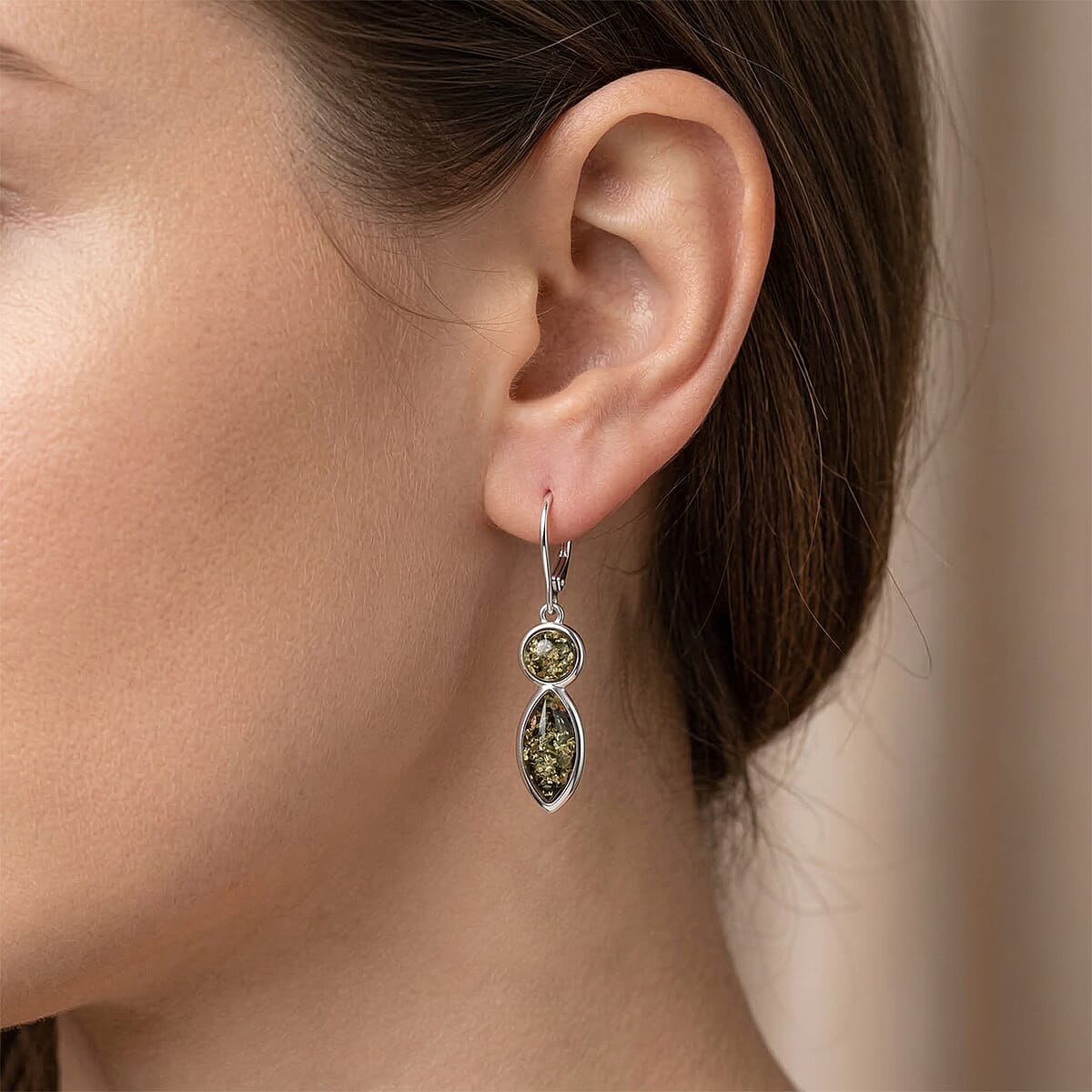 Green Amber Earrings in Sterling Silver image number 2