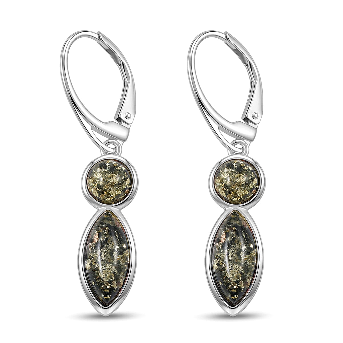 Green Amber Dangle Earrings in Sterling Silver