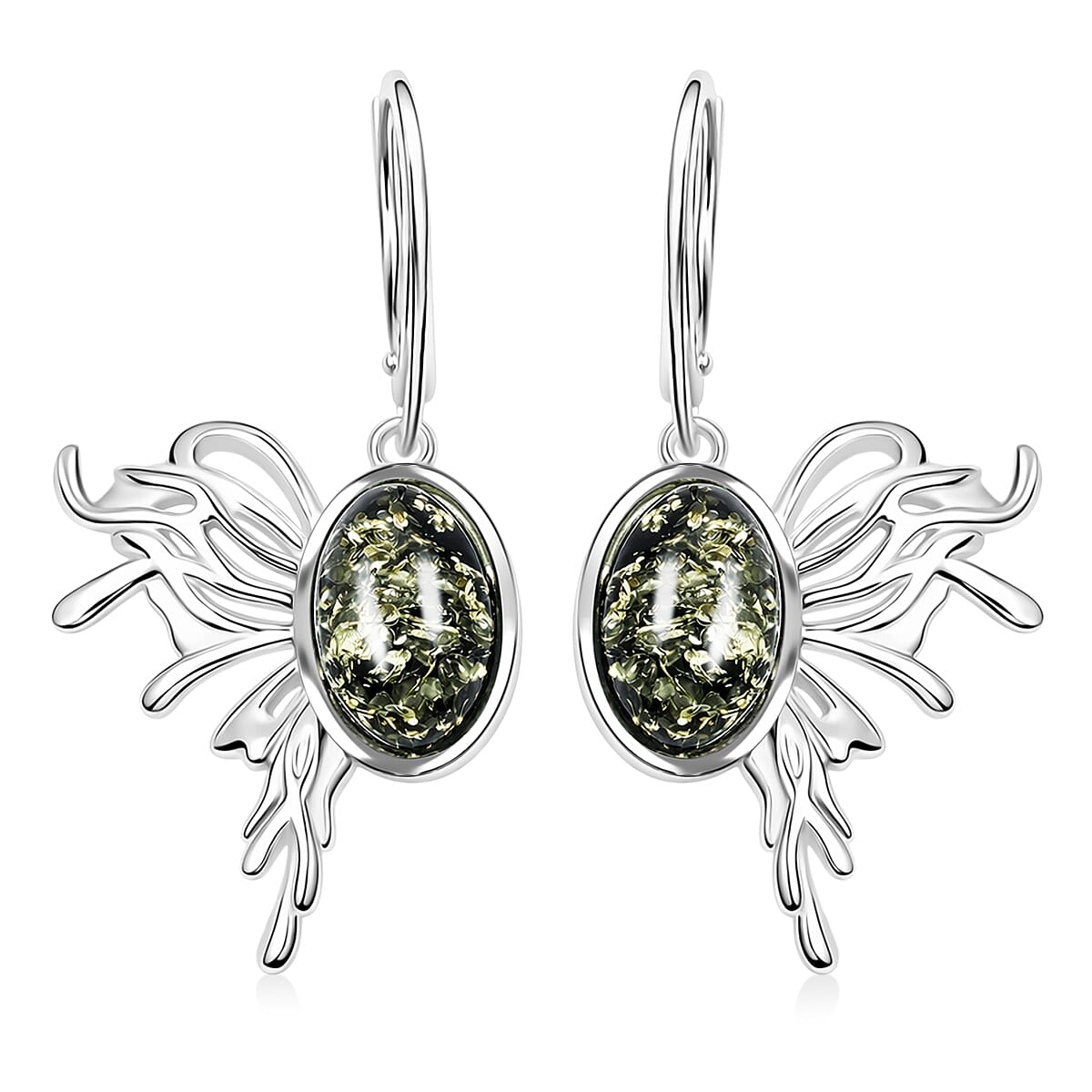 Green Amber Fancy Earrings in Sterling Silver