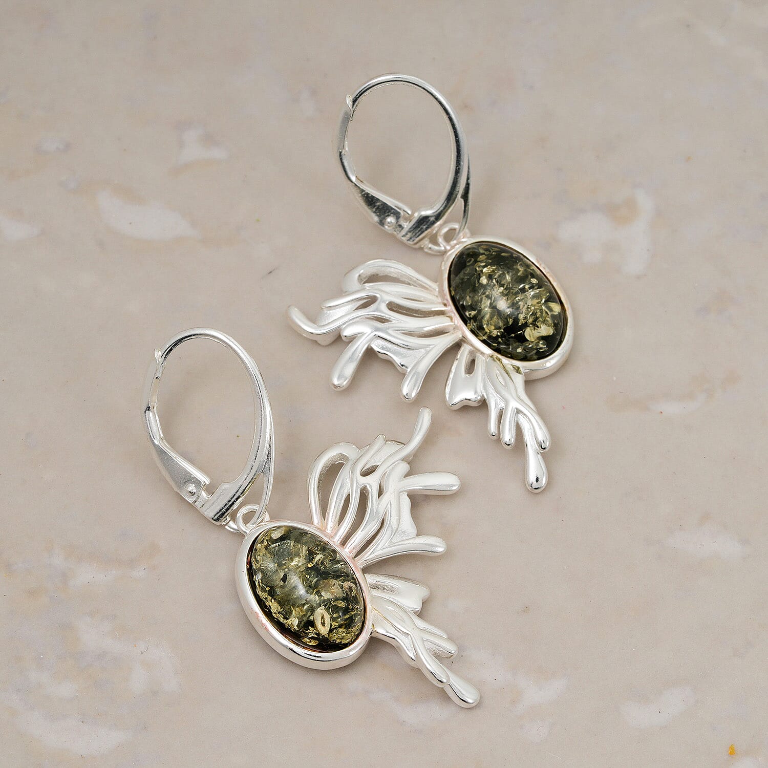 Green Amber Fancy Earrings in Sterling Silver