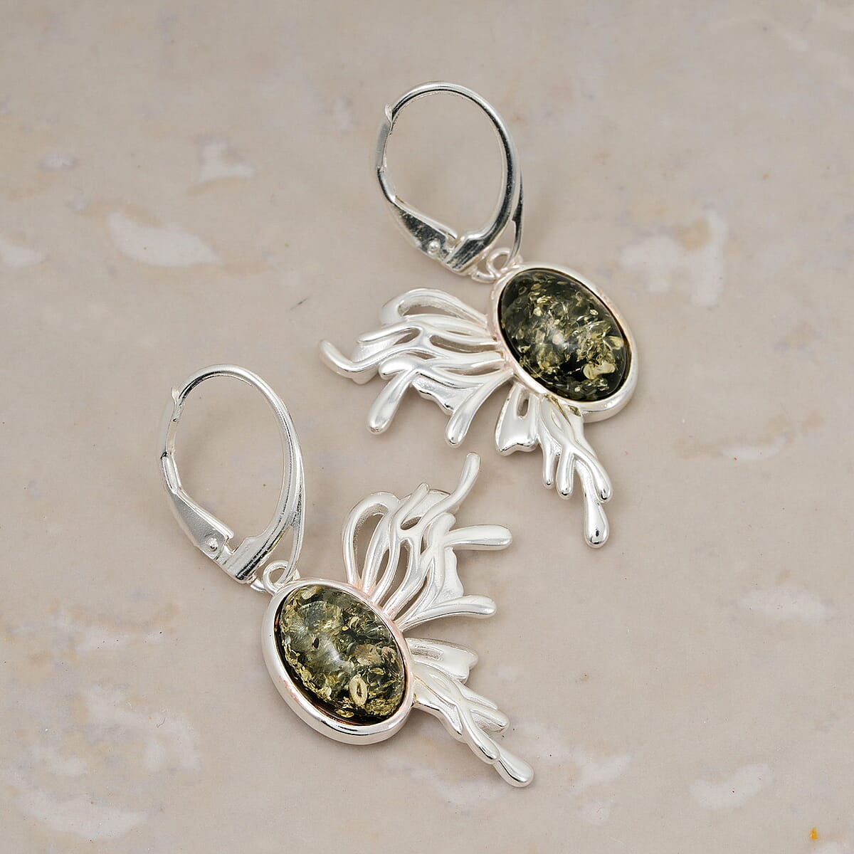 Green Amber Earrings in Sterling Silver image number 1