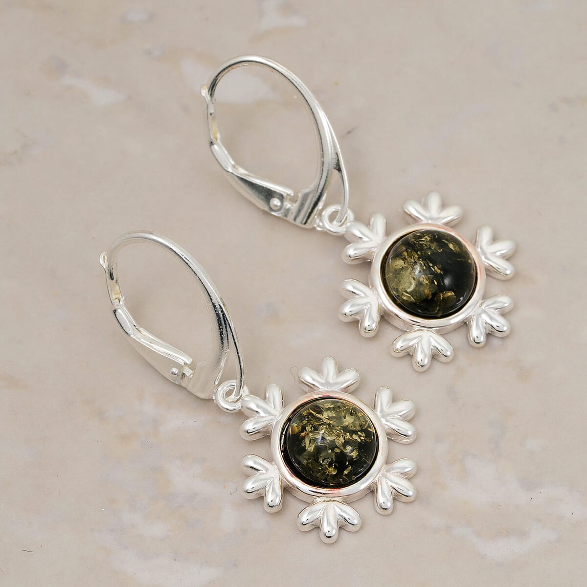 Green Amber Earrings in Sterling Silver image number 1