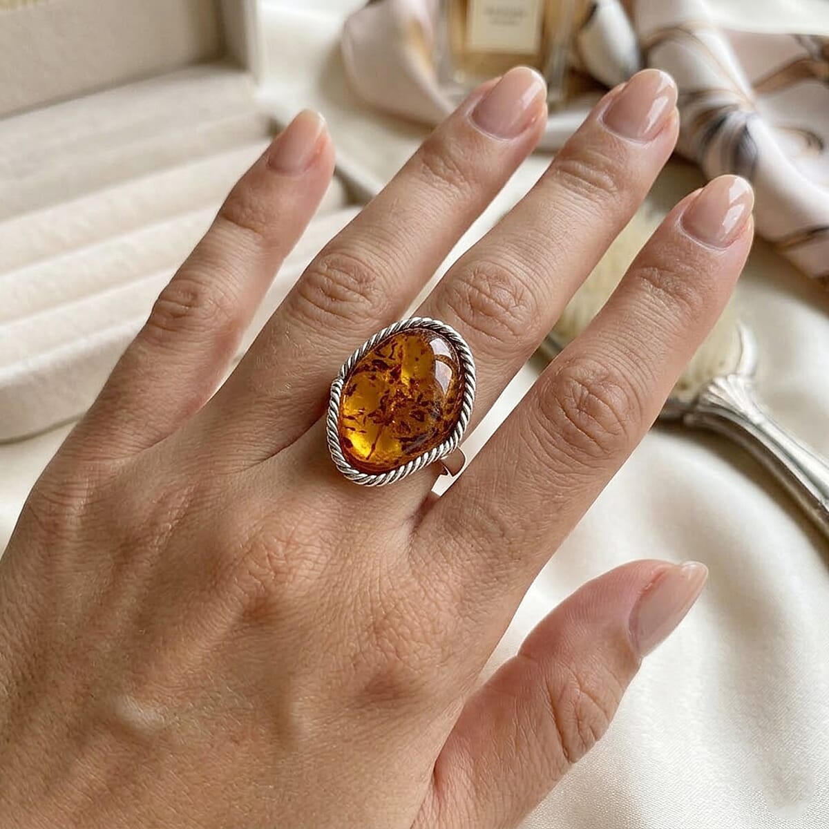 Baltic Amber Open Wrap Ring in Sterling Silver (Adjustable) image number 2
