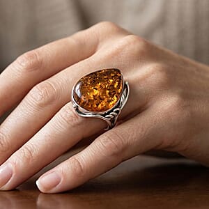 Baltic Honey Amber Open Wrap Ring in Sterling Silver (Adjustable)