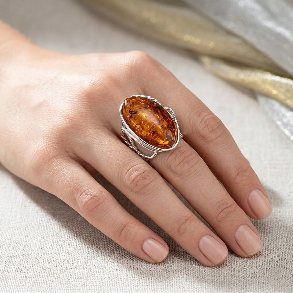 Honey Amber Open Wrap Ring in Sterling Silver (Adjustable) image number 2
