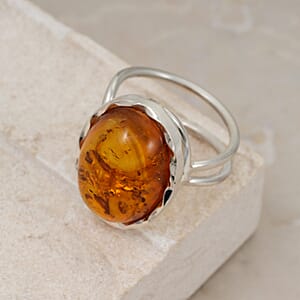 Honey Amber Open Ring in Sterling Silver (Adjustable)