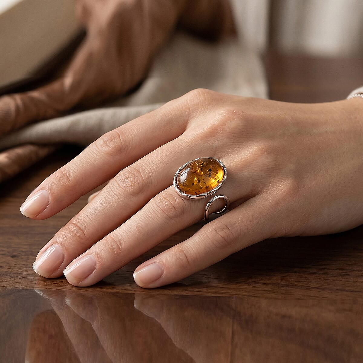 Honey Amber Open Ring in Sterling Silver (Adjustable) image number 2
