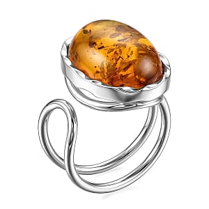 Honey Amber Open Ring in Sterling Silver (Adjustable)