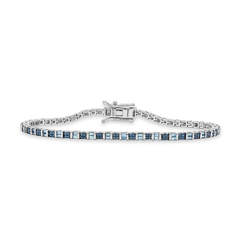 D'Joy Blue Diamond (IR) 1.00 ctw Classic Tennis Bracelet in Rhodium Over Sterling Silver (7.25 In)