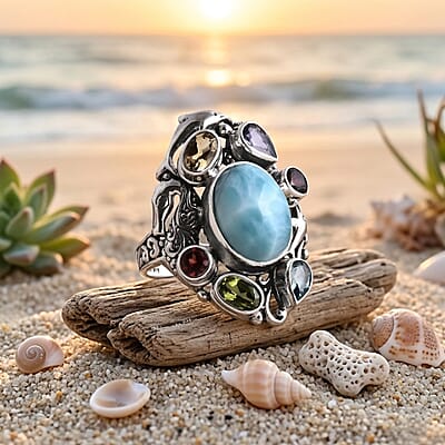 D'Joy Bali Legacy Premium Larimar and Multi Gemstone 10.10 ctw Ring in Sterling Silver (Size 10.0)