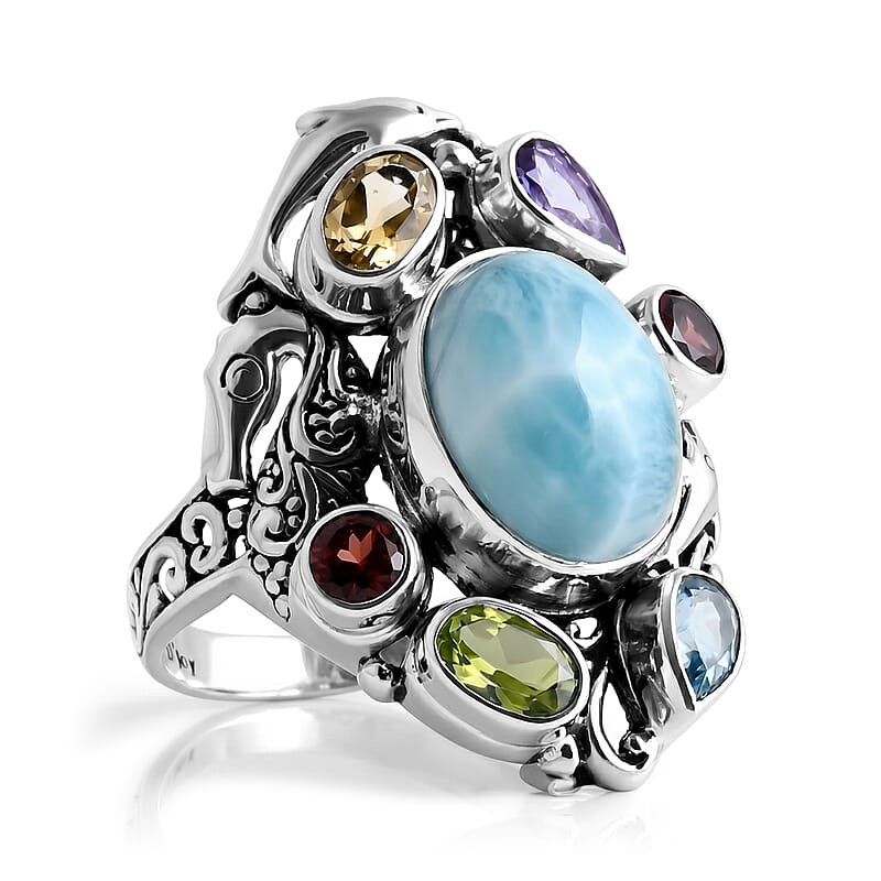 D'Joy Bali Legacy Premium Larimar and Multi Gemstone 10.10 ctw Ring in Sterling Silver (Size 8.0)