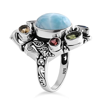 D'Joy Bali Legacy Premium Larimar and Multi Gemstone 10.10 ctw Ring in Sterling Silver (Size 8.0)