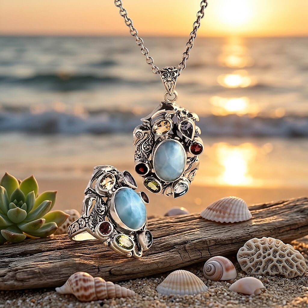 D'Joy Bali Legacy Premium Larimar and Multi Gemstone 9.00 ctw Pendant without Chain in Sterling Silver