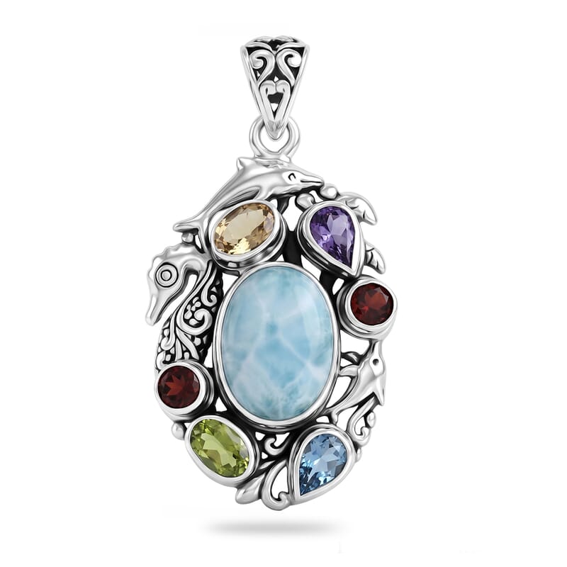 D'Joy Bali Legacy Premium Larimar and Multi Gemstone 9.00 ctw Pendant without Chain in Sterling Silver