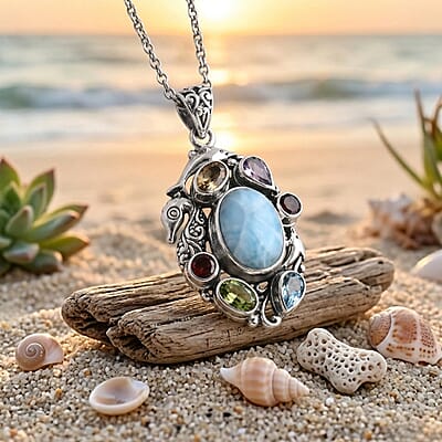 D'Joy Bali Legacy Premium Larimar and Multi Gemstone 9.00 ctw Pendant without Chain in Sterling Silver