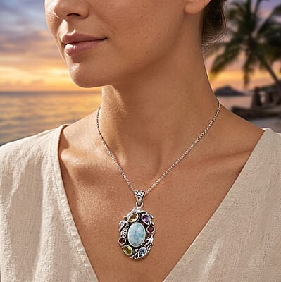 D'Joy Bali Legacy Premium Larimar and Multi Gemstone 9.00 ctw Pendant without Chain in Sterling Silver