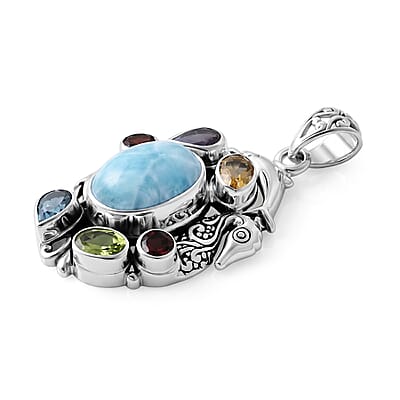 D'Joy Bali Legacy Premium Larimar and Multi Gemstone 9.00 ctw Pendant without Chain in Sterling Silver