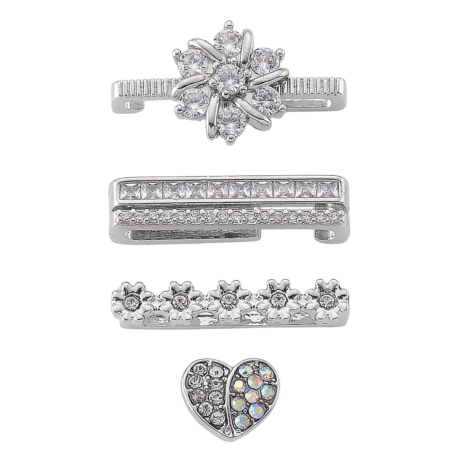 Austrian Crystal Heart and Flower Set of 4 Apple watch Strap Charms in Silvertone
