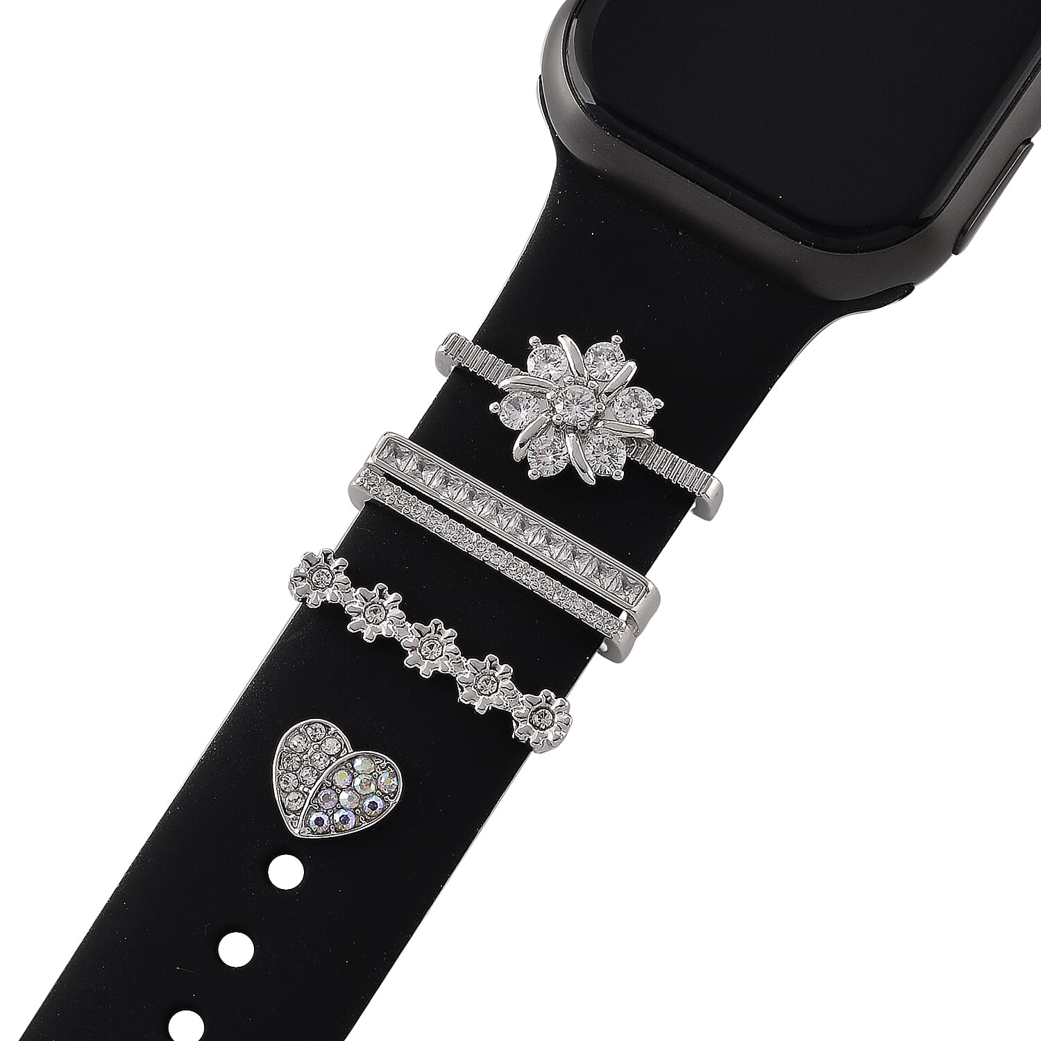 Austrian Crystal Heart and Flower Set of 4 Apple watch Strap Charms in Silvertone