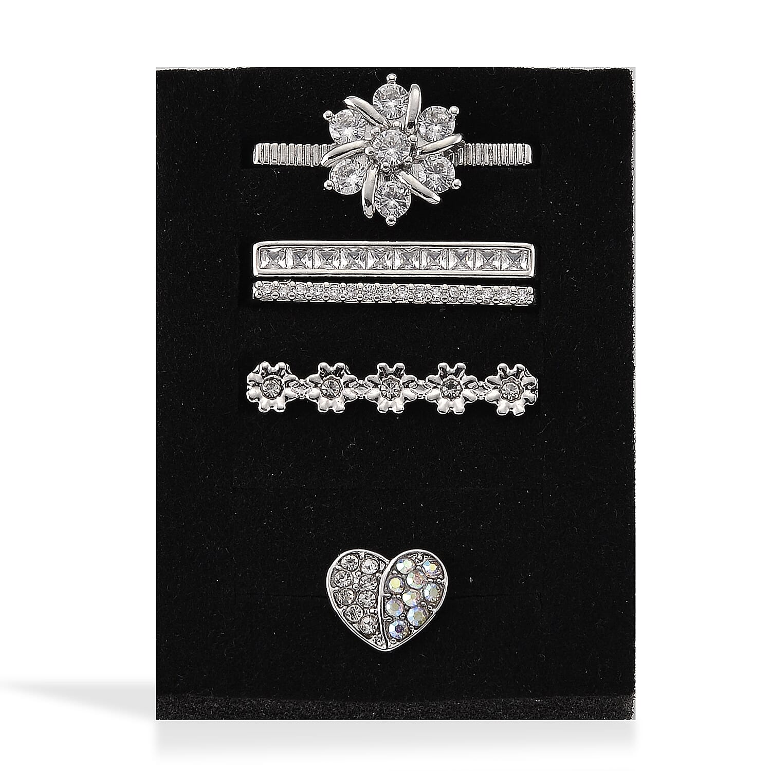 Austrian Crystal Heart and Flower Set of 4 Apple watch Strap Charms in Silvertone
