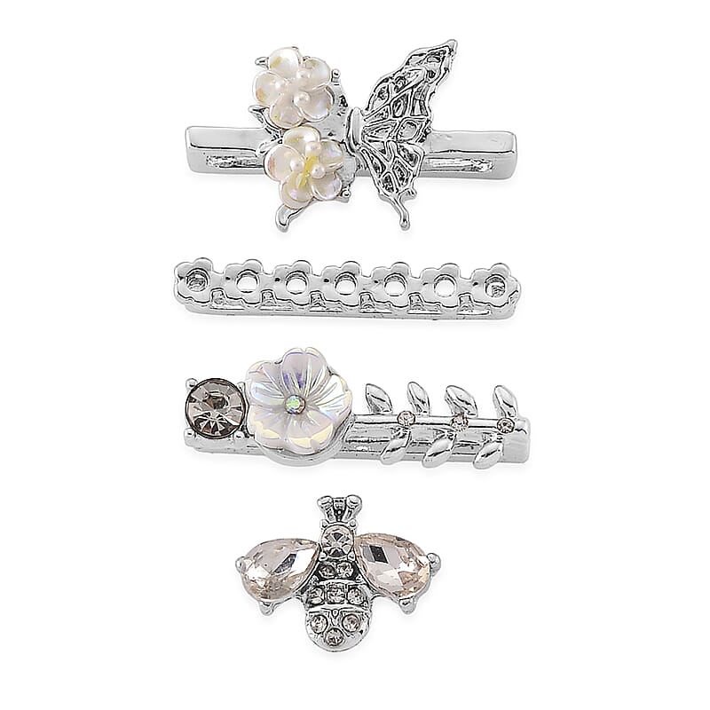 Austrian Crystal and Resin Pearl Butterfly, Flower and Bee Set of 4 Charms for Watch 20-21mm Band in Silvertone
