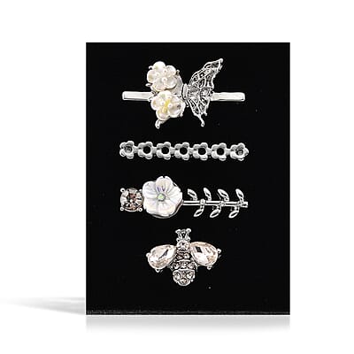 Austrian Crystal and Resin Pearl Butterfly, Flower and Bee Set of 4 Charms for Watch 20-21mm Band in Silvertone