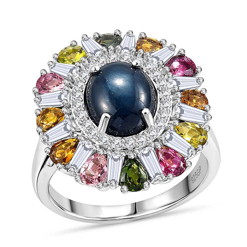GP Celestial Dream Collection Premium Blue Star Sapphire and Multi Gemstone 7.85 ctw Ring in Rhodium Over Sterling Silver (Size 10.0)