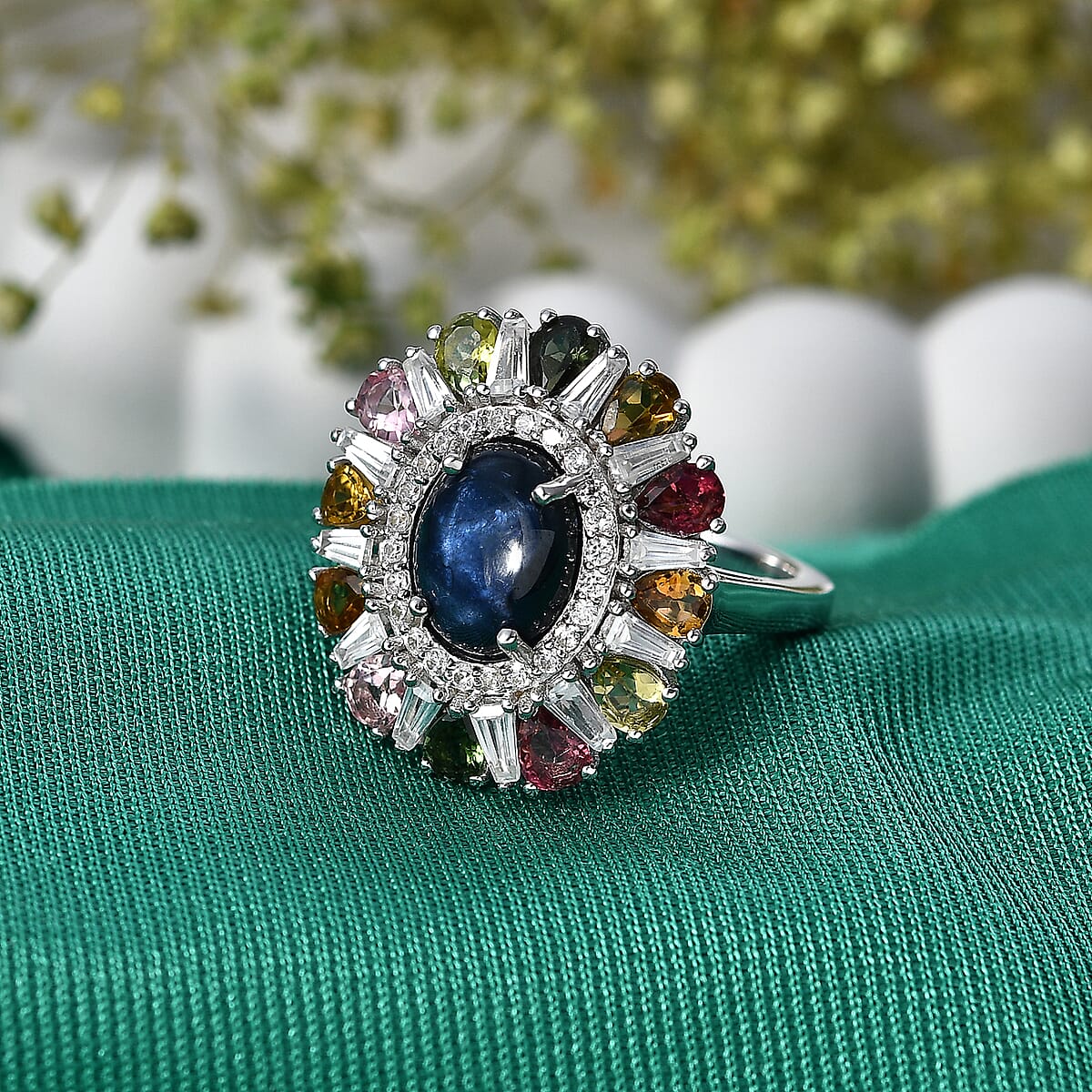 GP Premium Blue Star Sapphire and Multi Gemstone 7.85 ctw Ring in Rhodium Over Sterling Silver (Size 7.0) image number 1