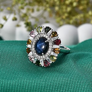 GP Premium Blue Star Sapphire and Multi Gemstone 7.85 ctw Ring in Rhodium Over Sterling Silver (Size 7.0)