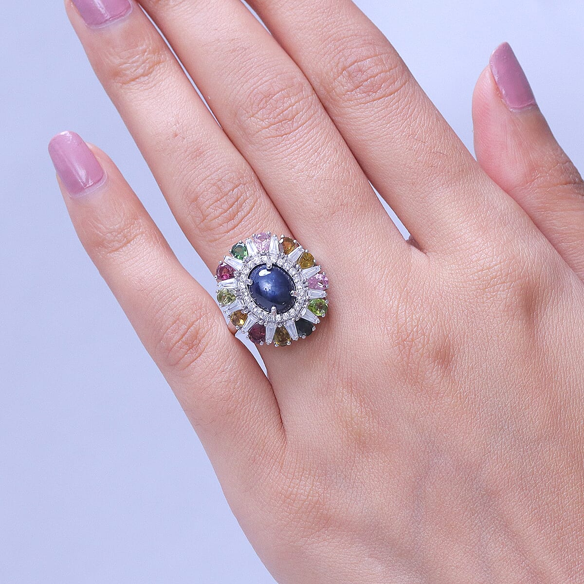 GP Premium Blue Star Sapphire and Multi Gemstone 7.85 ctw Ring in Rhodium Over Sterling Silver (Size 7.0) image number 2