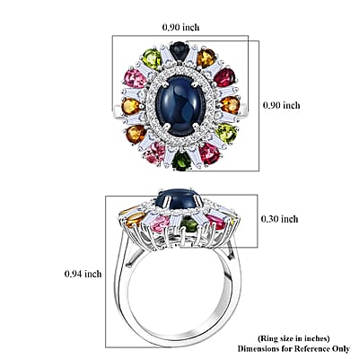 GP Premium Blue Star Sapphire and Multi Gemstone 7.85 ctw Ring in Rhodium Over Sterling Silver (Size 7.0)