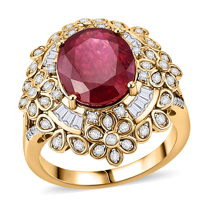 GP Italian Garden Collection Premium Niassa Ruby (FF) and White Zircon 8.15 ctw Ring in 18K Vermeil Yellow Gold Over Sterling Silver (Size 10.0)