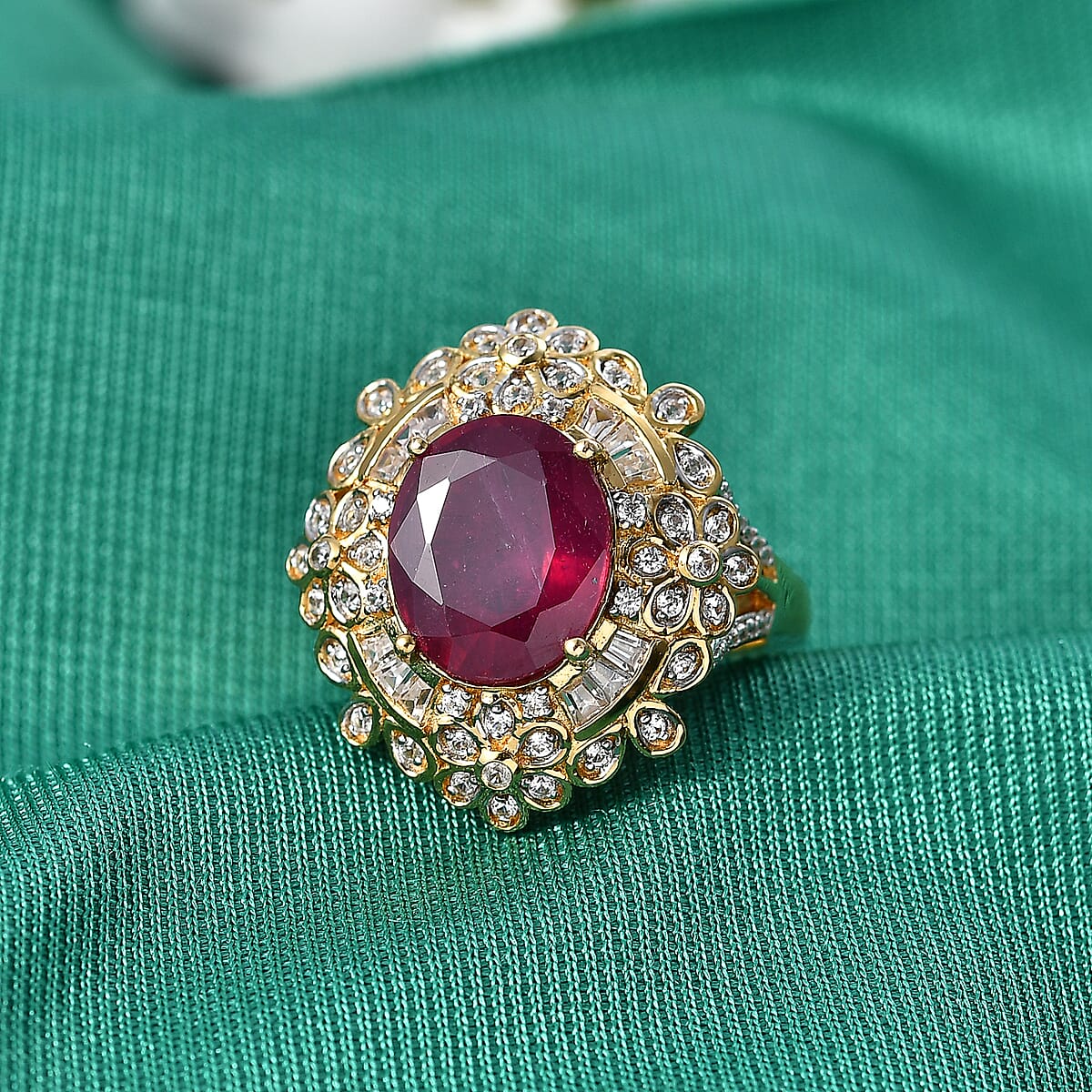 GP Premium Niassa Ruby (FF) and White Zircon 6.90 ctw Ring in 18K Vermeil Yellow Gold Over Sterling Silver (Size 7.0) image number 1